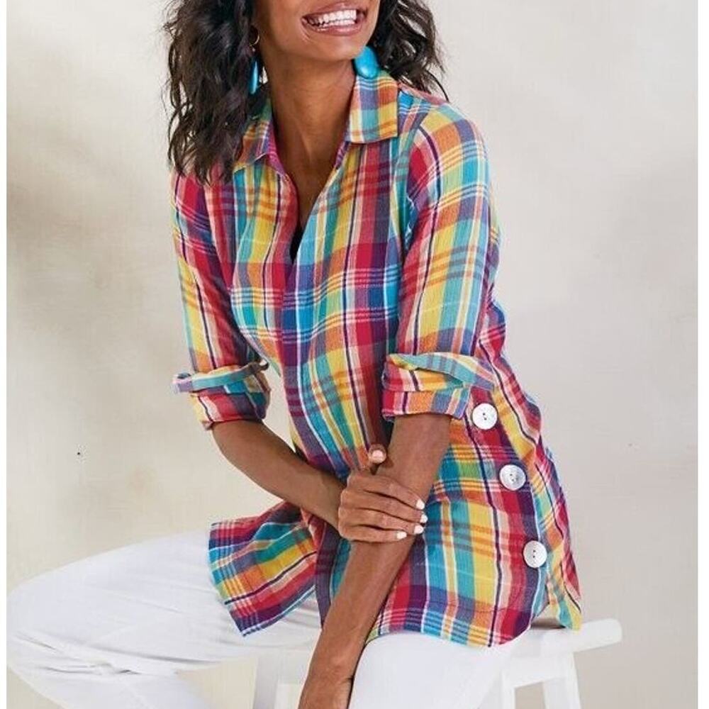 Soft Surroundings Size M Kona Shores Shirt Crinkle Plaid Multicolor - Picture 3 of 11